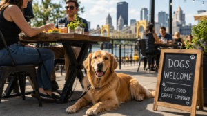 Golden retriever at dog friendly restaurants Pittsburg patio