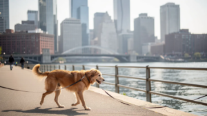 Dog near dog friendly hotels along Pittsburgh riverfront