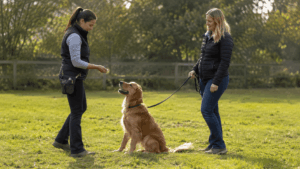 Dog trainer reviewing training costs with a pet owner
