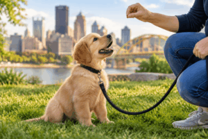 Owner using new puppy training tips in a city park