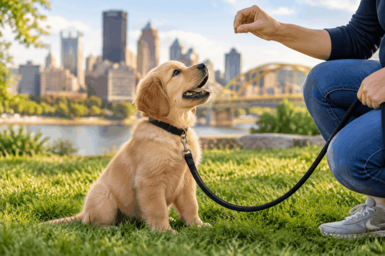 Owner using new puppy training tips in a city park
