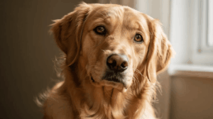 Golden retriever looking curious with a slight head tilt