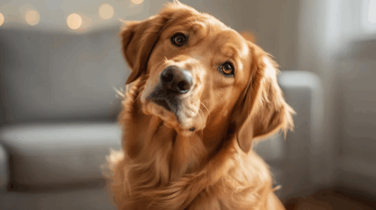 Golden retriever tilting its head with a curious look