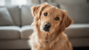 Golden retriever tilting head as owner wonders why dogs do so